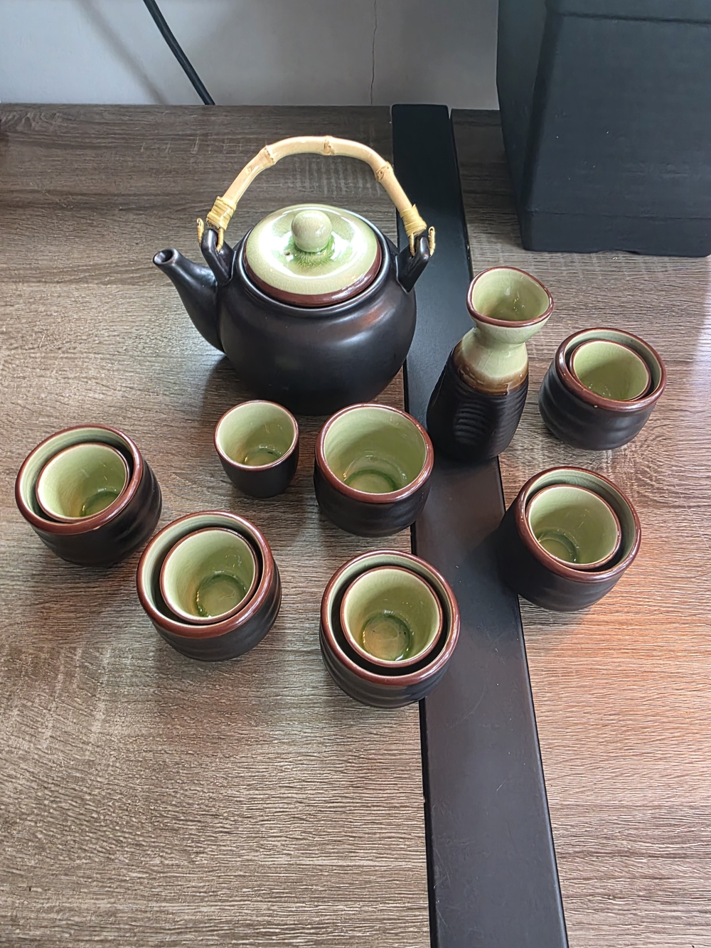 Ceramic Tea And Sake Set with Green Interior - 14-Piece Home Kitchen Set